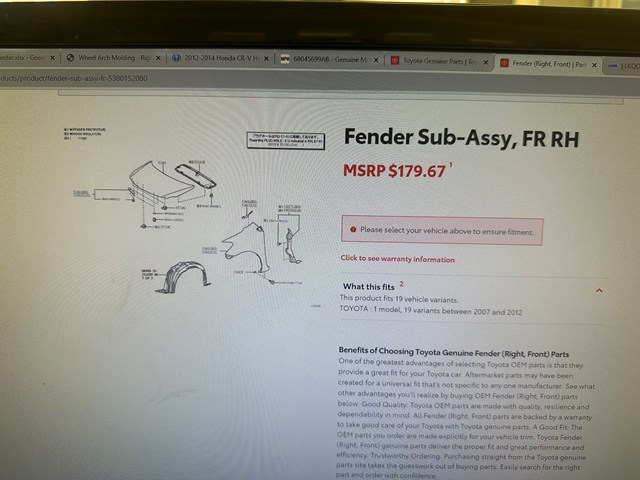 2007-2016 Toyota Yaris Fender- FRONT RIGHT