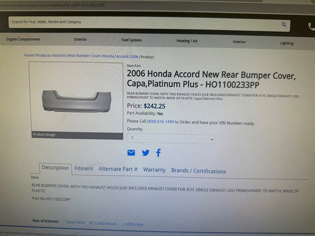 2006 Honda Accord New Rear Bumper Cover 