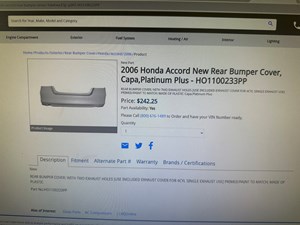 2006 Honda Accord New Rear Bumper Cover 