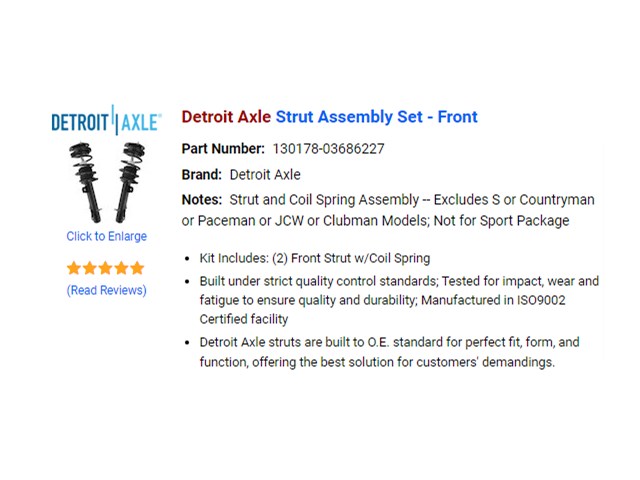 2015 Mini Cooper Mini Cooper Strut/ Detroit Axle Strut Assembly Set - Front