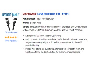 2015 Mini Cooper Mini Cooper Strut/ Detroit Axle Strut Assembly Set - Front
