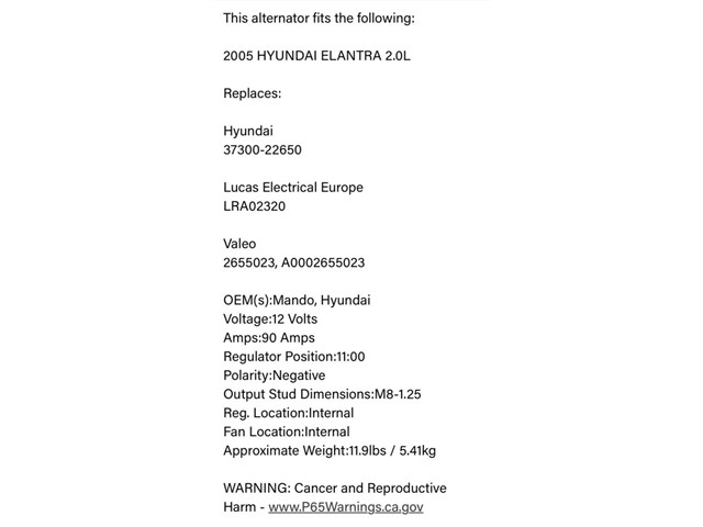 Brand-New Alternator for 2005 Hyundai Elantra 2.0L