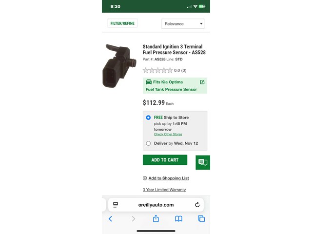 2015 Kia Optima Fuel Tank Pressure Sensor