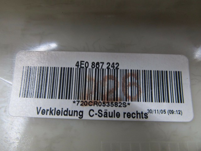 2004-2008 AUDI A8L W12 OEM RIGHT REAR PASSENGER UPPER C PILLAR TRIM COVER