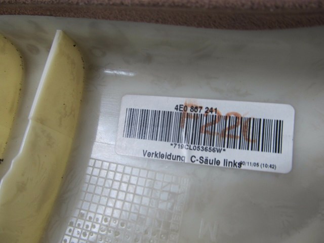 2004-2008 AUDI A8L W12 OEM LEFT REAR DRIVER SIDE UPPER C PILLAR TRIM COVER