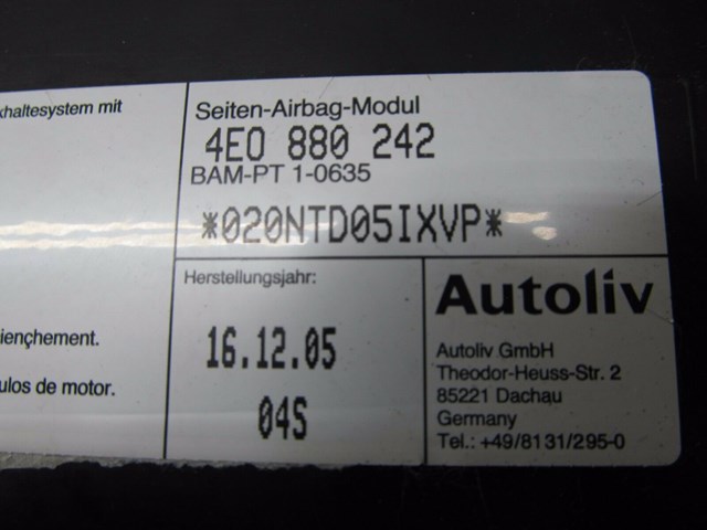 2004-2008 AUDI A8L W12 OEM RIGHT FRONT PASSENGER SIDE SEAT AIRBAG AIR BAG