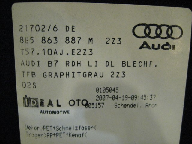 06 Audi S4 AUDI Rear LH Trunk Carpet Trim 8E5 863 887 R14184