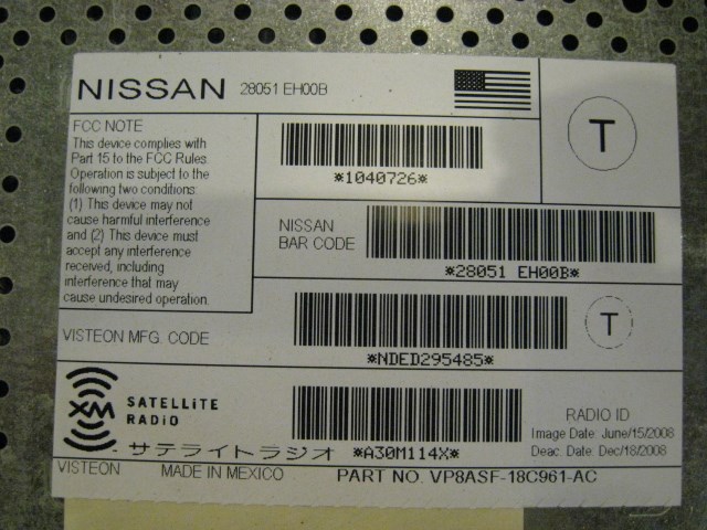 08 Infiniti G37 XM Satellite Radio Unit 28051 EH00B R14472