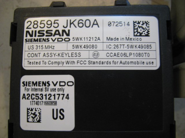 08 Infiniti G37 Keyless Entry Control Unit 28595 JK60A R11241