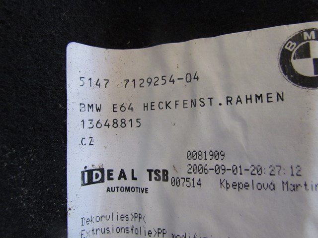 2007 BMW M6 Convertible Rear Trunk Moulding Carpet 51477129254