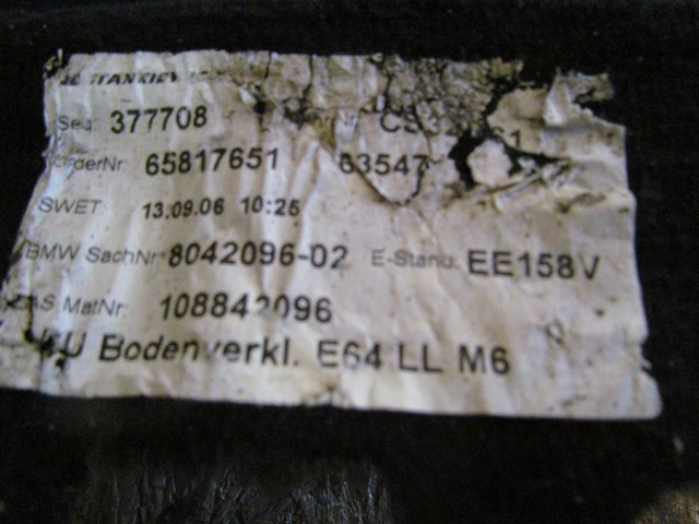 2007 BMW M6 E63 Rear Convertible Carpet Black