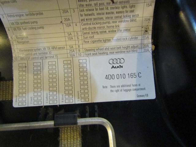 2001 Audi A8L RH Fuse Box Cover/Carpet 4D0 010 165 C