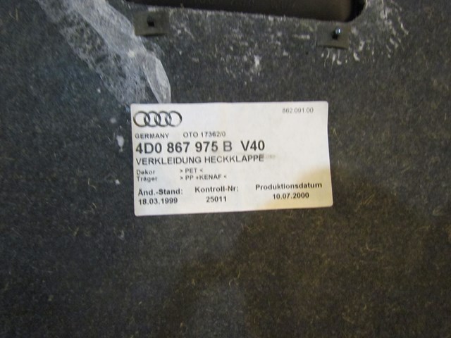 2001 Audi A8L D2 Trunk Moulding Trim Carpet 4D0 867 975 B