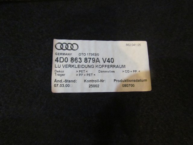 2001 Audi A8L LH Driver Trunk Carpet 4D0 863 879A