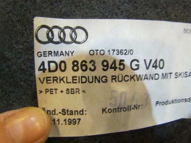 2001 Audi A8L D2 Trunk Pass Through Carpet 4D0 863 945 G