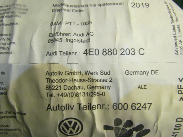 2004 Audi A8L D3 RH Passenger Dash Air Bag 4E0 880 203 C 