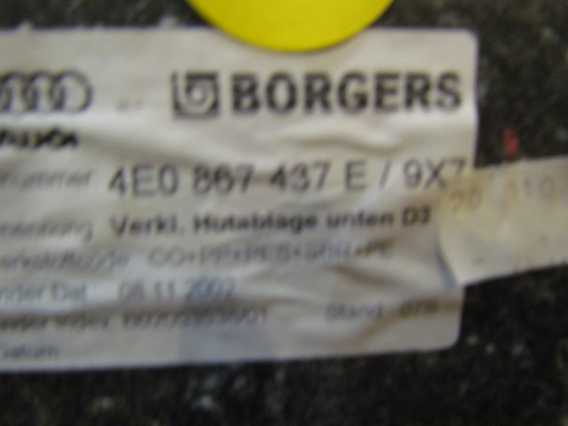 2004 Audi A8L D3 Trunk Ceiling Moulding Carpet 