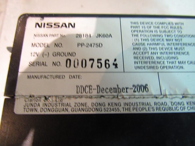 2007 2008 Infiniti G35 Sedan 6 Disc Changer 28184 JK60A