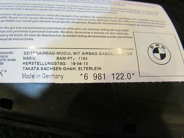 2013 BMW 128i Convertible Front RH Pass Seat Bag