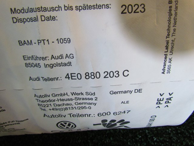 2008 Audi A8L RH Passenger Dash Air Bag 4E0 880 203 C