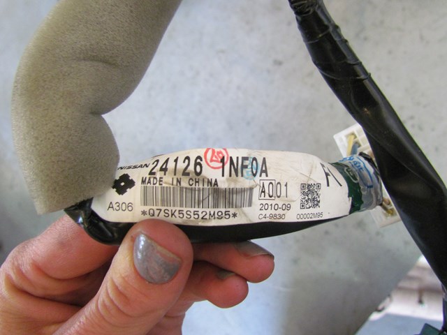 2011 Infiniti G25x Rear LH Driver Door Wiring 24126 1NF0A