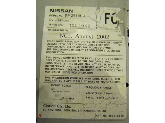 2005 Nissan 350Z Bose Radio CD Cassette Player PP-2514L-A Y272738112A
