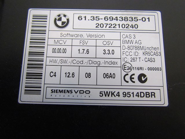 2007 BMW 335i CAS Module 5wk49514dbr