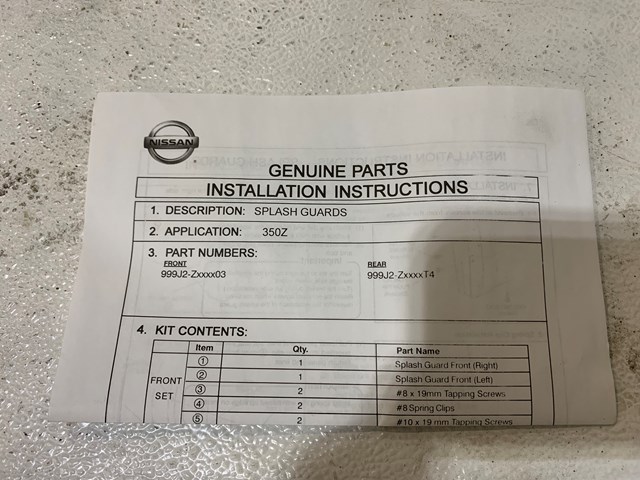 2003-08 Nissan 350z Splash Shield 999J2-Zxxxx03 OEM