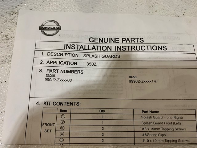 2003-08 Nissan 350z Rear Splash Shields 999J2-xxxxT4