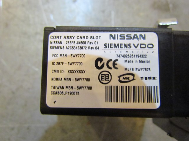 2007 Infiniti G35X Sedan AT Cont Assy Card Slot 285F5 JK600