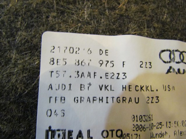 2007 Audi S4 Trunk Lid Interior Panel 8E5 867 975