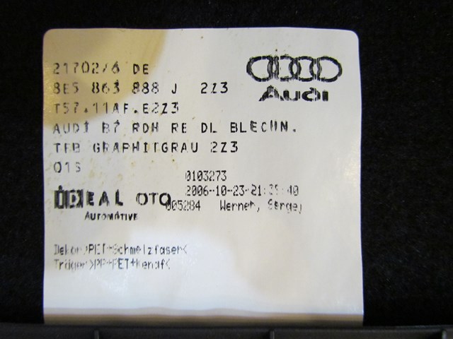 2007 Audi S4 Rear RH Passenger Trunk Quarter Moulding 8E5 863 888