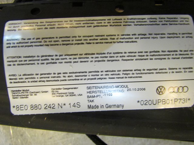 2007 Audi S4 Front RH Passenger Seat Air Bag Assy 8E0 880 242