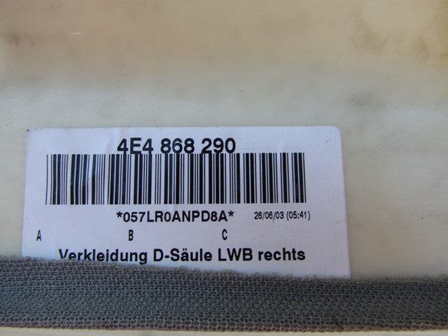 2004 Audi A8L Rear RH Upper Pillar Trim Panel 4E4 868 290