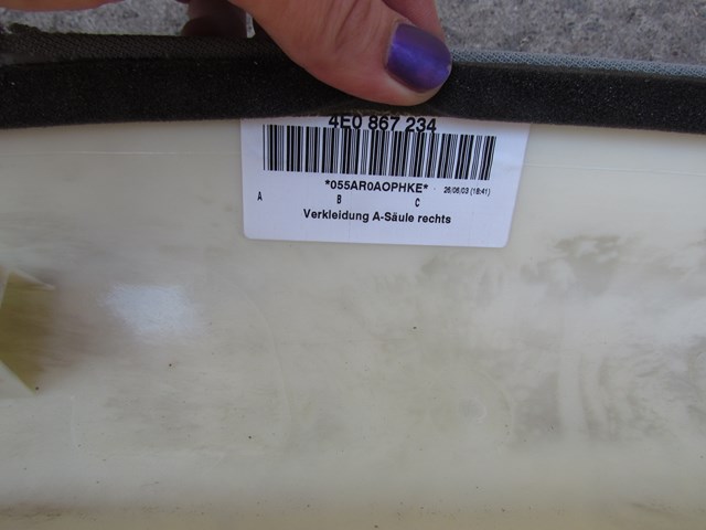 2004 Audi A8L Front RH A Pillar Trim 4E0 867 234