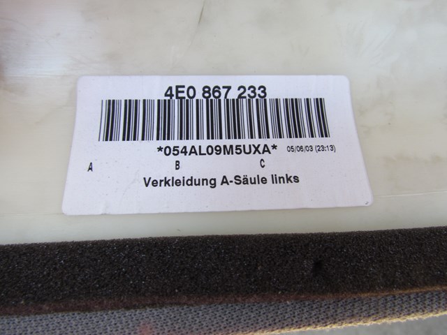 2004 Audi A8L Front LH A Pillar Trim 4E0 867 233