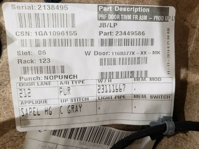 2015 CADILLAC ATS RIGHT FRONT DOOR PANEL P/N 23449586