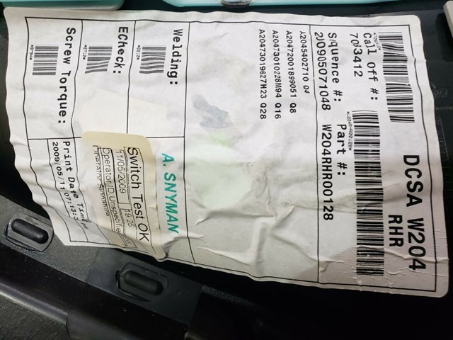 2009 MERCEDES BENZ C300 RIGHT REAR DOOR PANEL