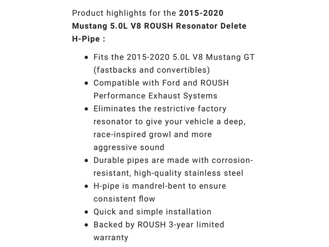 Roush H-Pipe Resonator Delete(15-21 Mustang GT)