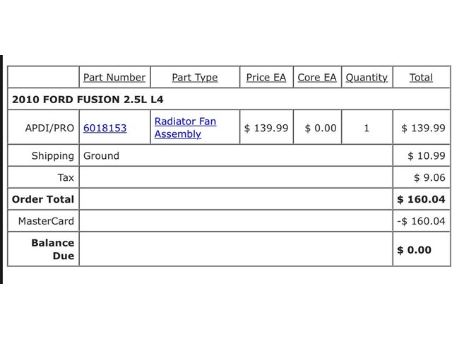 2010 Ford Fusion SE Radiator Cooling Fan (never out of box)