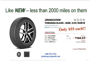 Set of 4 - 235/60R18 Bridgestone Turanza EL440 - like new less than 2000 miles  