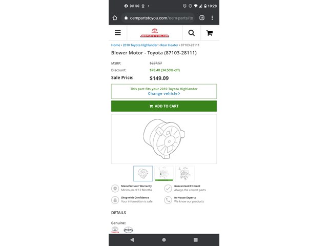 2010 Toyota Highlander Rear AC blower motor