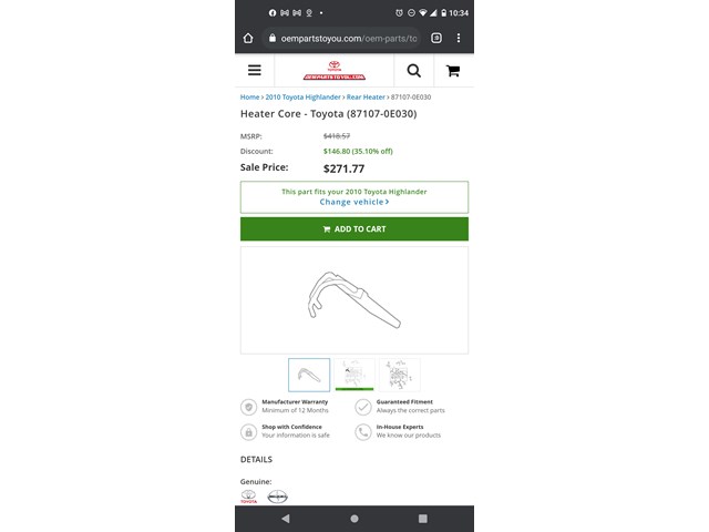 2010 Toyota Highlander Rear Heater Core Assembly