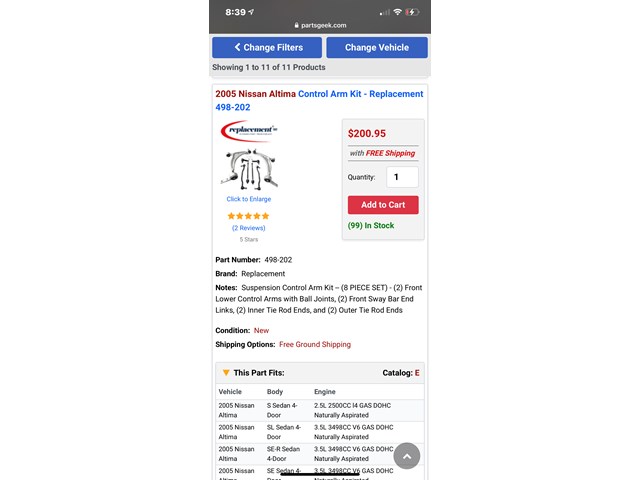 2005 Nissan Altima suspension control arm kit 8pc