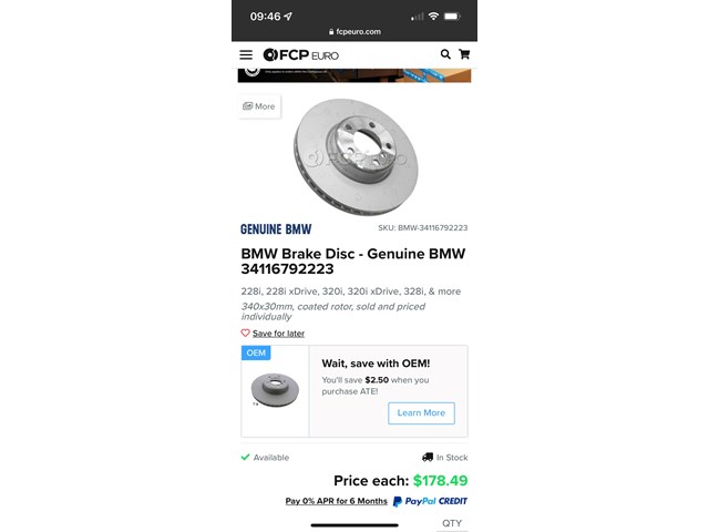 2014 BMW 428i Brake Disc - Genuine BMW 34116792223