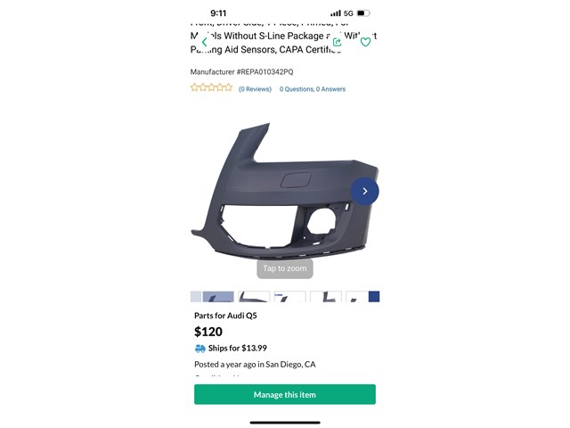 2012 Audi Q5 Bumper End Cap