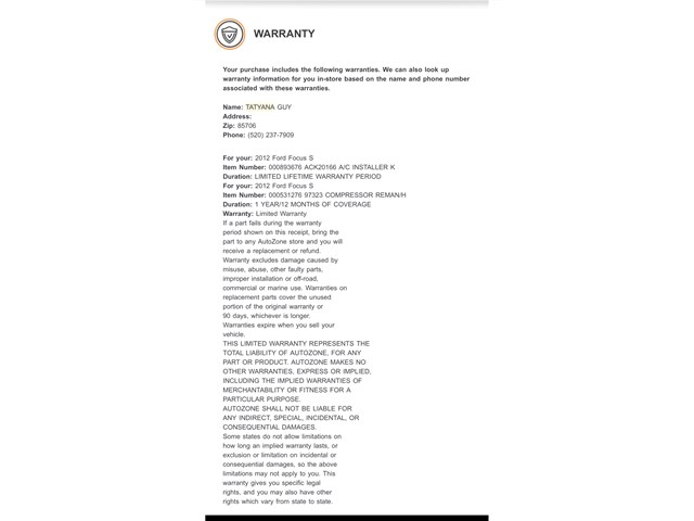2012 Ford Focus AC Compressor