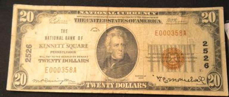 Scarce Kennett Square Pa $20 National Note