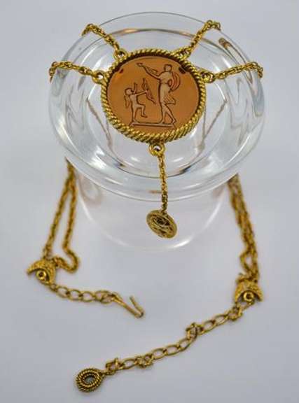 Vintage Necklace With Carve Glass Pendant, Cupid and Other Myth Creature