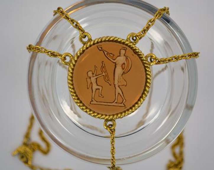 Vintage Necklace With Carve Glass Pendant, Cupid and Other Myth Creature